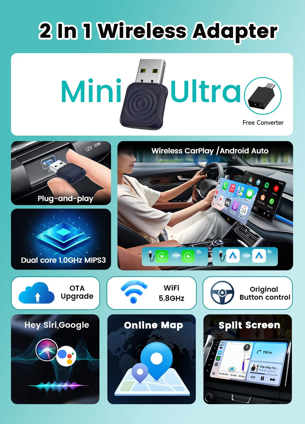 CarlinKit Mini Wireless CarPlay Adapter 2025 New Android Auto Wireless Dongle Wifi 5.8G Auto Connect Box Support Spotify Music