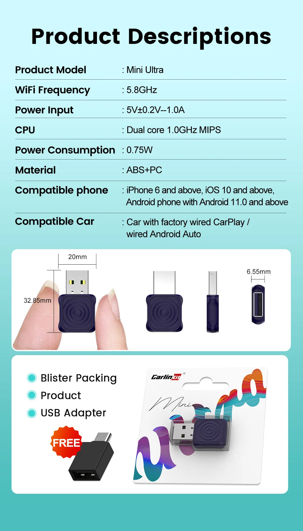 CarlinKit Mini Wireless CarPlay Adapter 2025 New Android Auto Wireless Dongle Wifi 5.8G Auto Connect Box Support Spotify Music