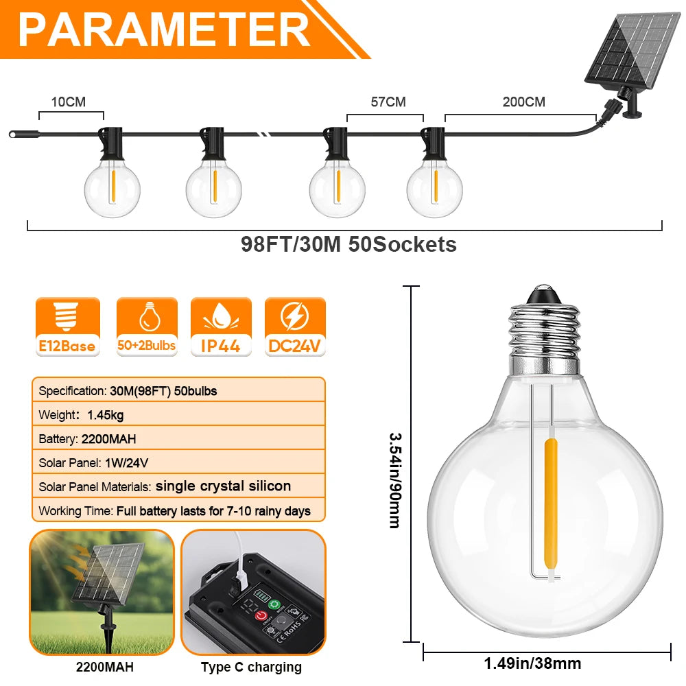 G40 Outdoor Solar String Light Garland LED Solar String Lights 24V Globe Waterproof Hanging Lights for Garden Backyard Cafe