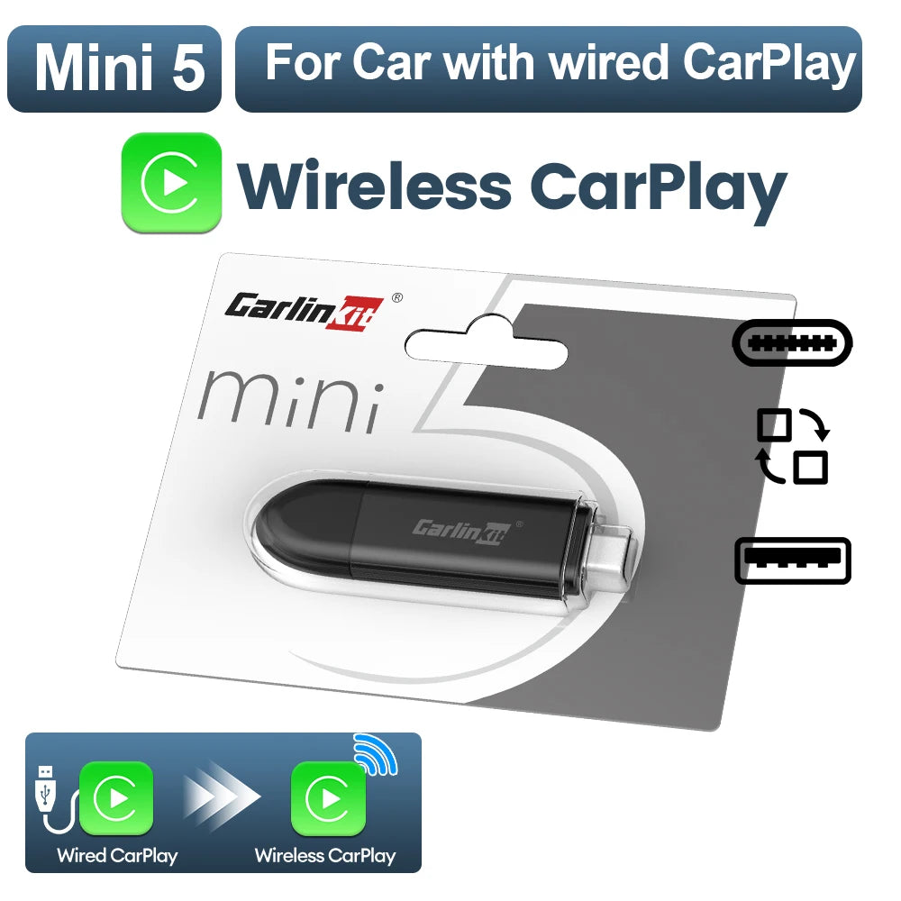 New CarlinKit Mini 5 SE Wireless Carplay Adapter For iPhone 5Ghz WiFi BT Fast Stable Connect For Spotify Waze Split Screen Box