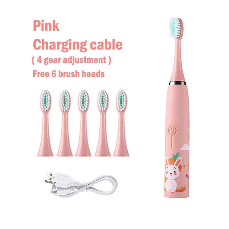 Sonic Electric Toothbrush IPX7 Waterproof With Replacement Heads Automatic Rechargeable Colorful Children Cartoon Brush For Kids