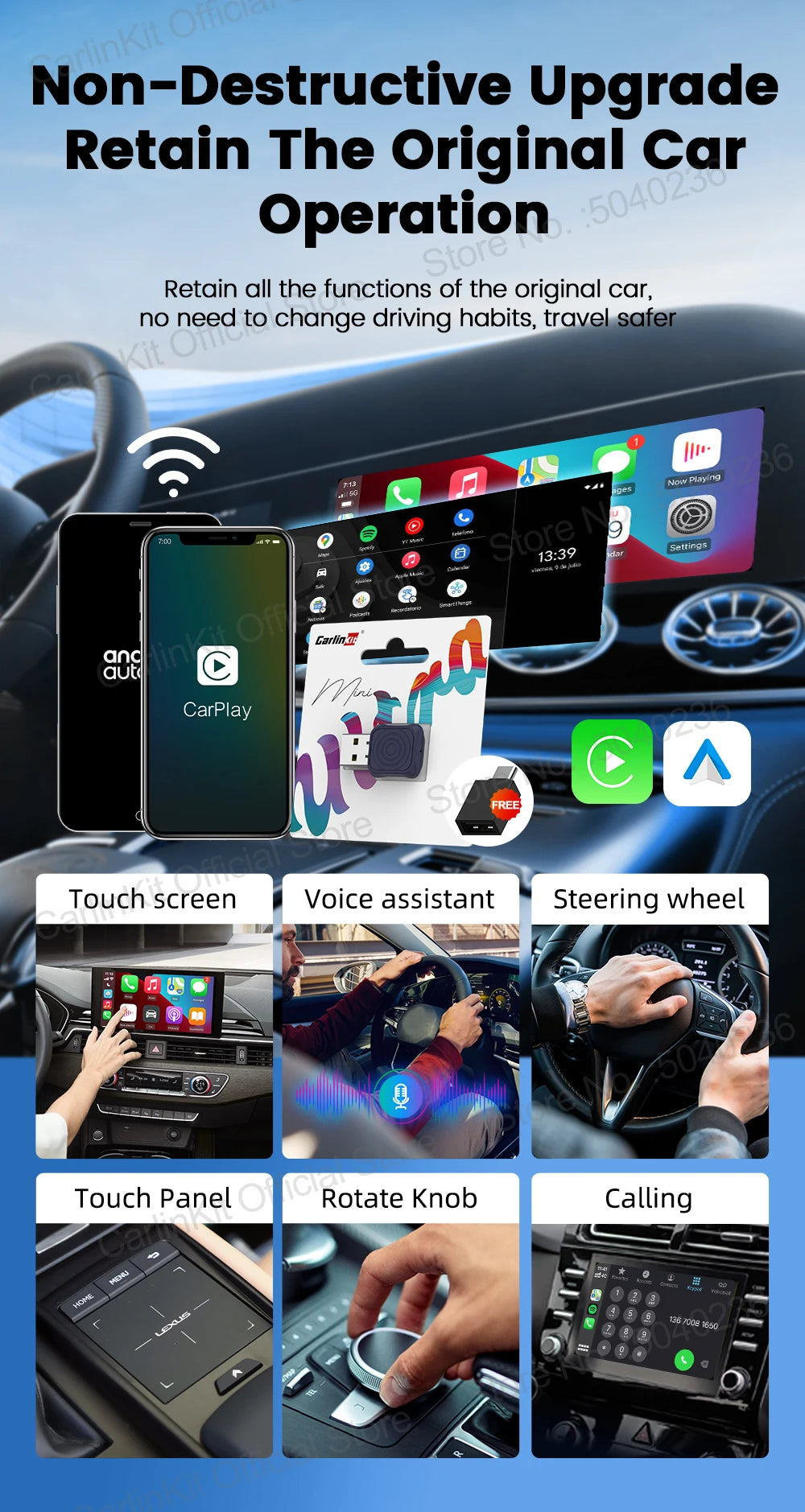 CarlinKit 5.0 Wireless Adapter Mini Ultra Wireless Android Auto & CarPlay USB Dongle For Car Upgrade WiFi Bluetooth Auto Connect