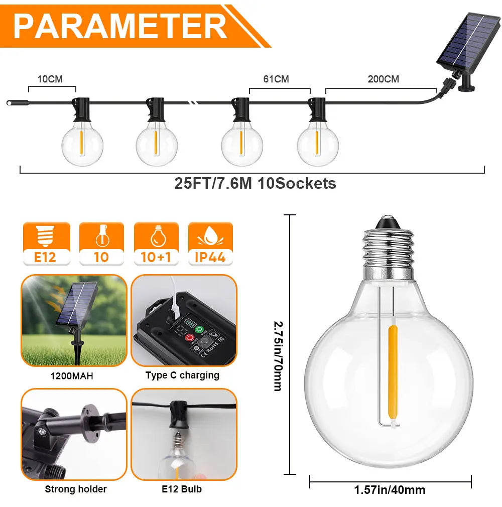 G40 Outdoor Solar String Light Garland LED Solar String Lights 24V Globe Waterproof Hanging Lights for Garden Backyard Cafe