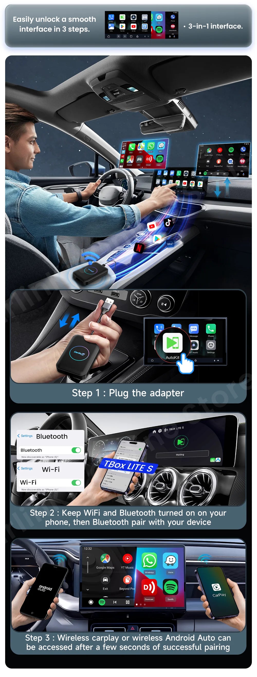 2025 CarlinKit TBox LiteS Android Ai Box Android auto CarPlay Wireless Adatper for Netfilx Youtube IPTV Spotify Car Accessories