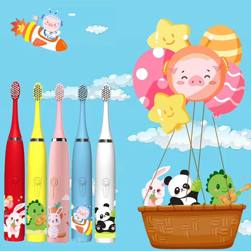 Sonic Electric Toothbrush IPX7 Waterproof With Replacement Heads Automatic Rechargeable Colorful Children Cartoon Brush For Kids