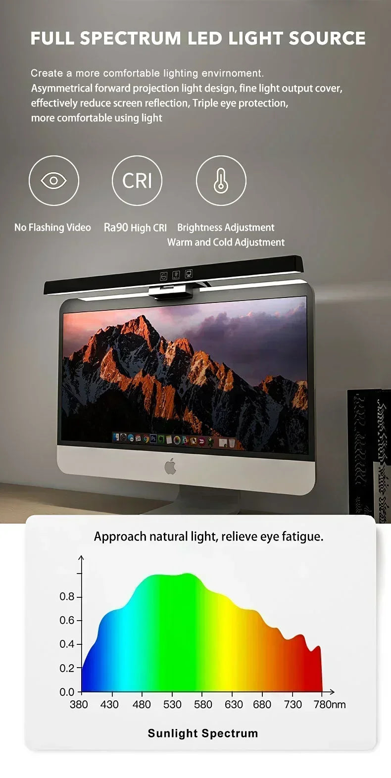 Eye Protection LED Desk Lamp Asymmetric Light Source Hanging Computer Monitor Screen Light 33/50cm for Office Work Study Dimming