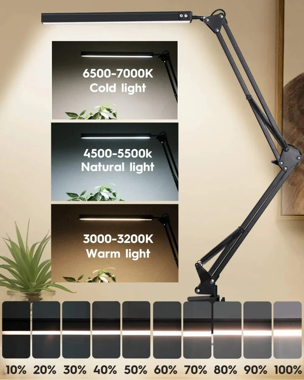 LED Folding Metal Desk Lamp Clip on Light Clamp Long Arm Diming Table Lamp 3 Colors Adjustable For Living Room Reading Computers