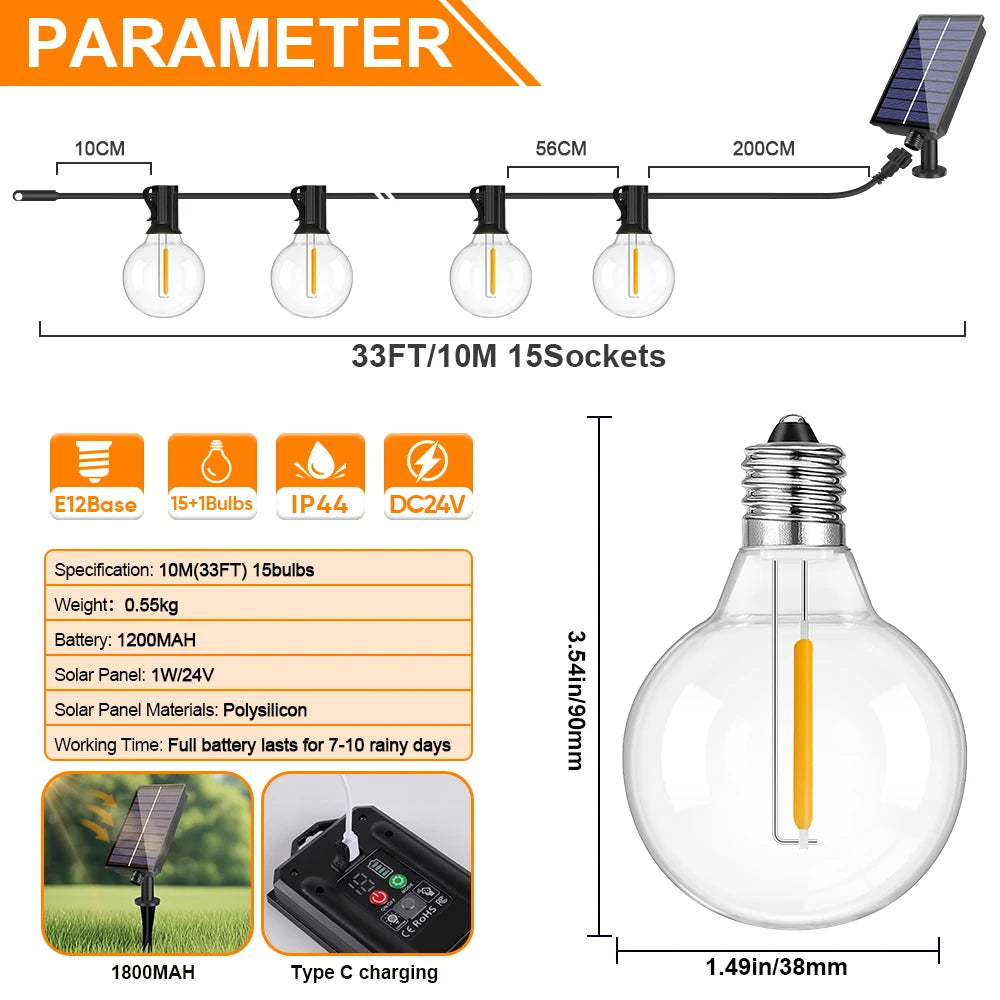 G40 Outdoor Solar String Light Garland LED Solar String Lights 24V Globe Waterproof Hanging Lights for Garden Backyard Cafe