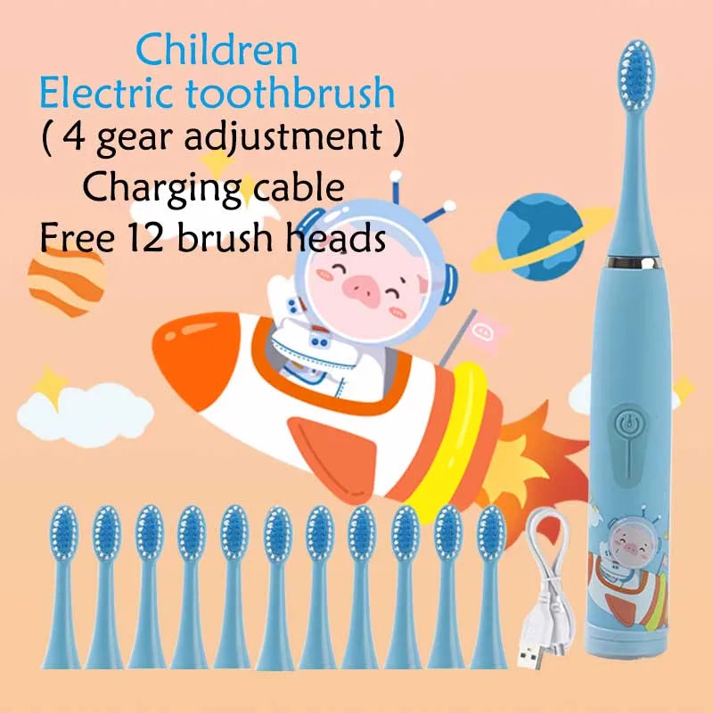 Sonic Electric Toothbrush IPX7 Waterproof With Replacement Heads Automatic Rechargeable Colorful Children Cartoon Brush For Kids