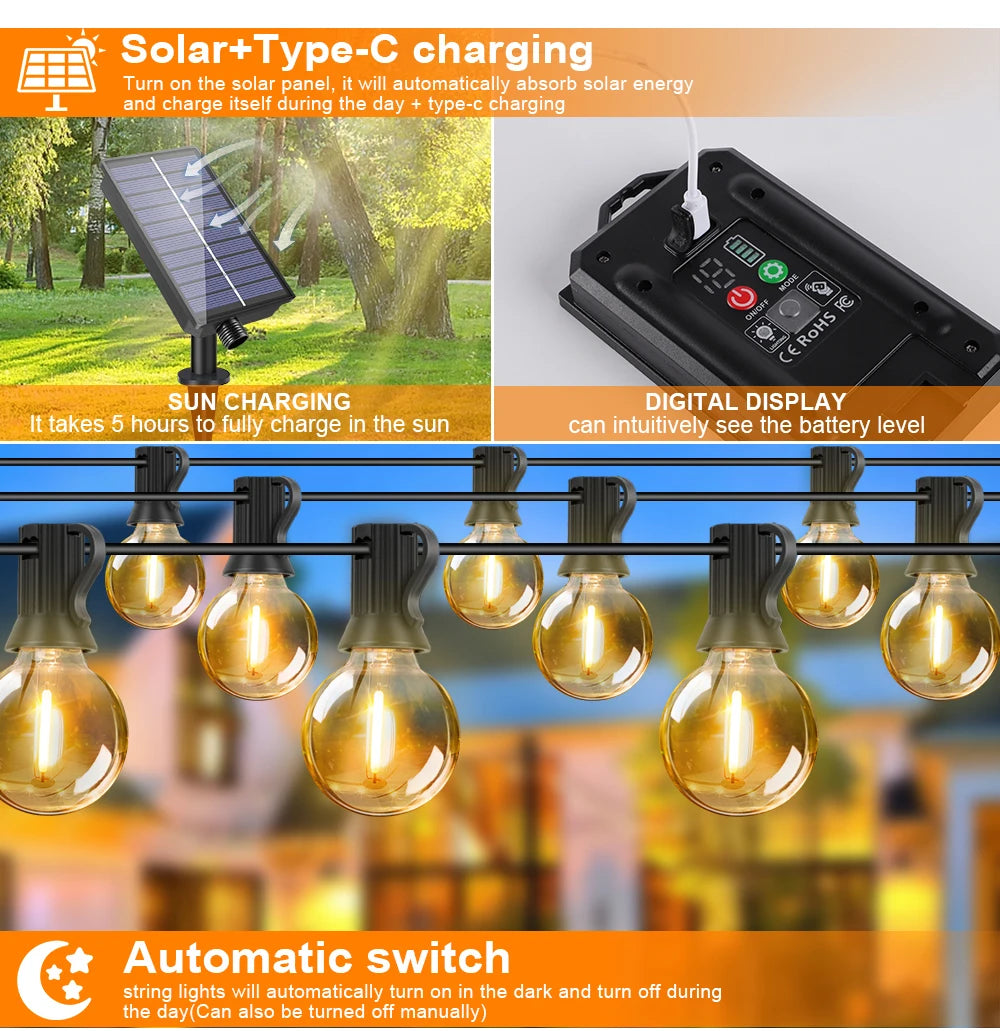 G40 Outdoor Solar String Light Garland LED Solar String Lights 24V Globe Waterproof Hanging Lights for Garden Backyard Cafe