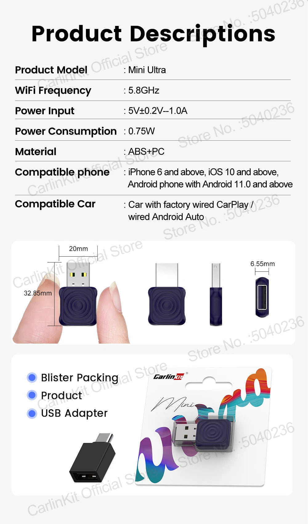 CarlinKit 5.0 Wireless Adapter Mini Ultra Wireless Android Auto & CarPlay USB Dongle For Car Upgrade WiFi Bluetooth Auto Connect