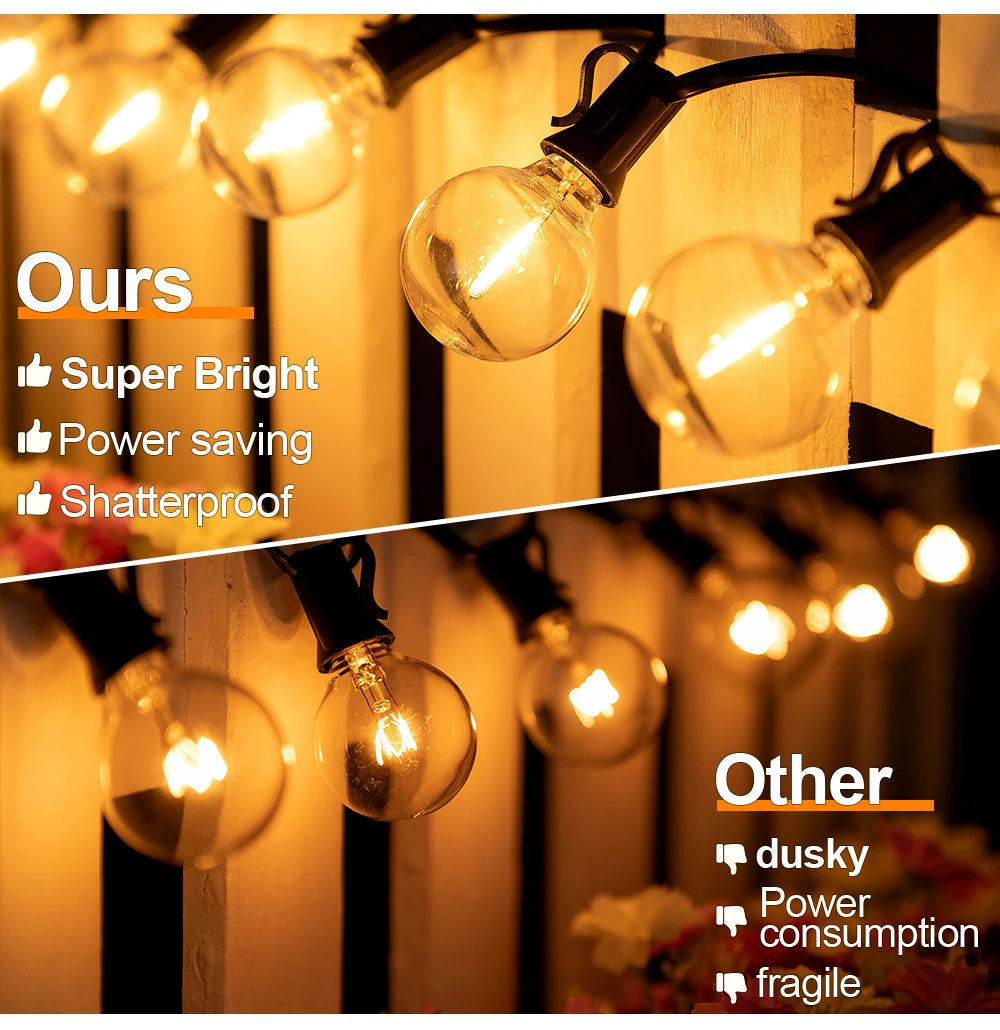 G40 Outdoor Solar String Light Garland LED Solar String Lights 24V Globe Waterproof Hanging Lights for Garden Backyard Cafe