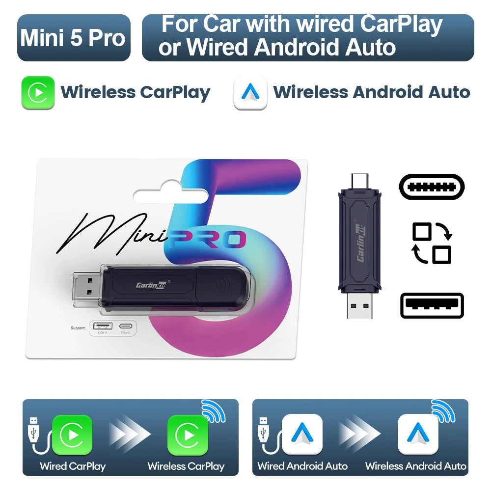 New CarlinKit Mini 5 SE Wireless Carplay Adapter For iPhone 5Ghz WiFi BT Fast Stable Connect For Spotify Waze Split Screen Box