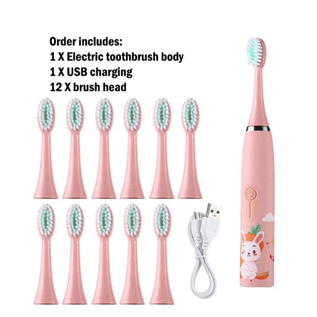 Sonic Electric Toothbrush IPX7 Waterproof With Replacement Heads Automatic Rechargeable Colorful Children Cartoon Brush For Kids