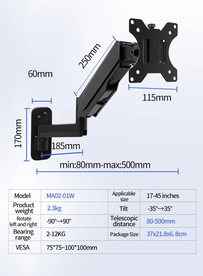 Wall Mount Swivel Tilt Rotation Full Motion Adjustable Articulating for Most 24-45" LED, LCD Monitor Wall Mount VESA 100x100mm