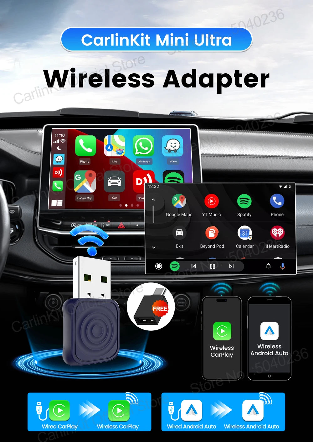 CarlinKit 5.0 Wireless Adapter Mini Ultra Wireless Android Auto & CarPlay USB Dongle For Car Upgrade WiFi Bluetooth Auto Connect