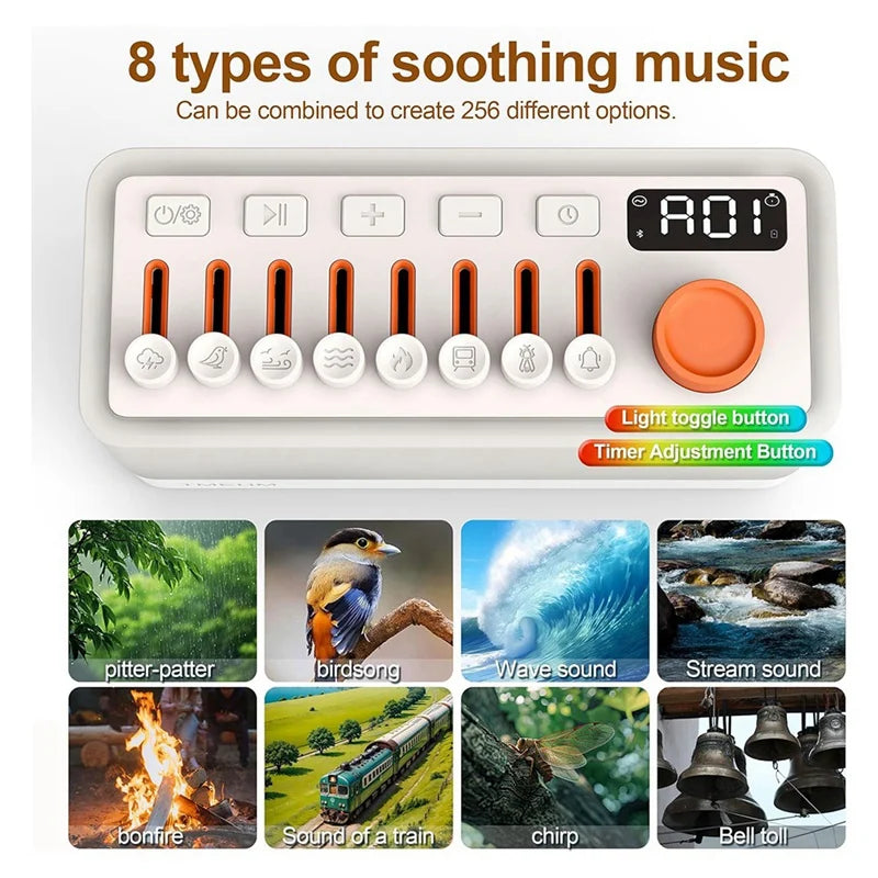 White Noise Sleep Sound Machine With 8 Nature Sounds, Portable Bluetooth Speaker, 12 Colors Night Lights