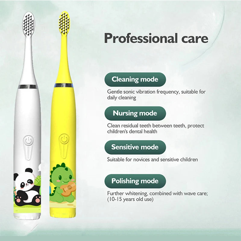 Sonic Electric Toothbrush IPX7 Waterproof With Replacement Heads Automatic Rechargeable Colorful Children Cartoon Brush For Kids