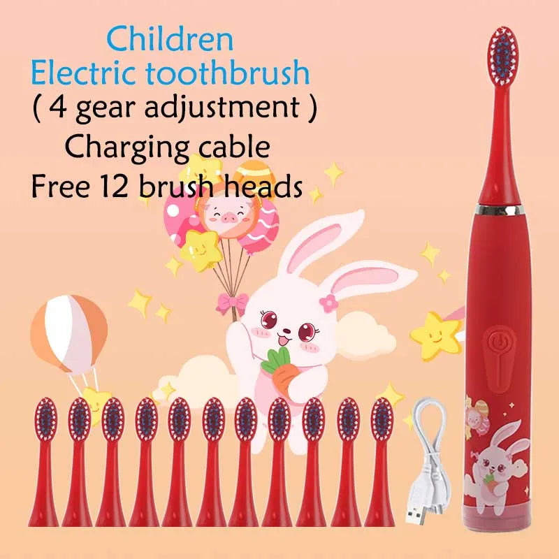Sonic Electric Toothbrush IPX7 Waterproof With Replacement Heads Automatic Rechargeable Colorful Children Cartoon Brush For Kids