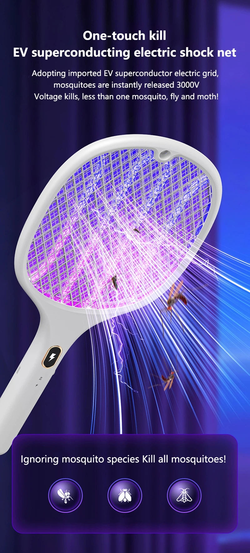 3 In 1 Multi-Functional Bug Zapper Racket Usb Rechargeable Mosquito Killer Safe Electric Mosquito Swatter Pest Control Supplies
