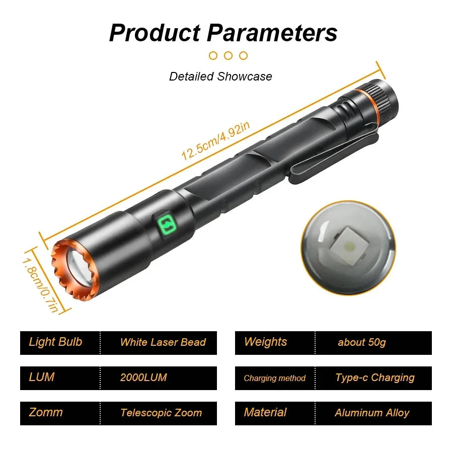High Power Mini Flashlight USB Charging Small Flashlight with Clip Magnetic Pocket Torch for Camping Hiking Emergency Light