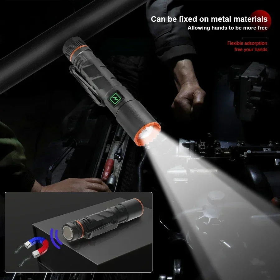 High Power Mini Flashlight USB Charging Small Flashlight with Clip Magnetic Pocket Torch for Camping Hiking Emergency Light