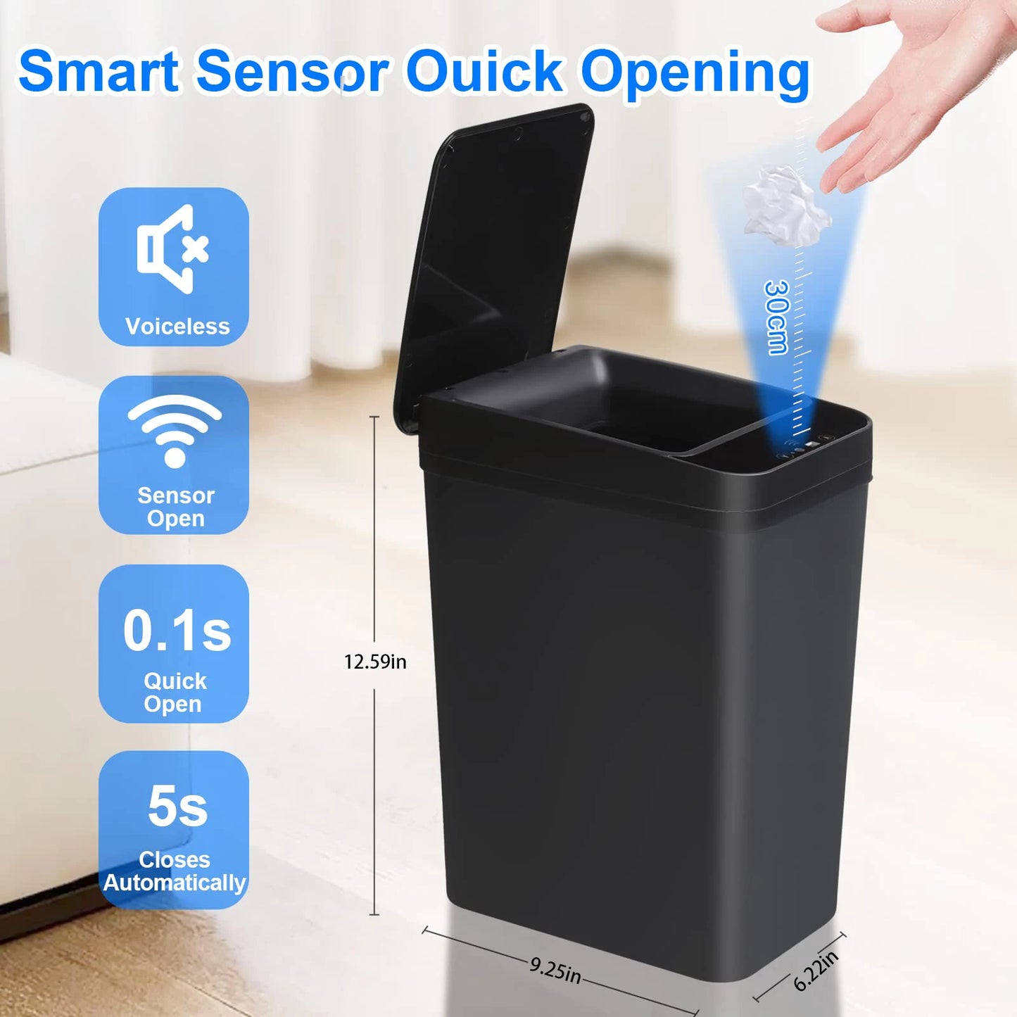 Bathroom Touchless Trash,12L Motion Sensor-Activated Trash Can with Lid, Automatic Kitchen Trash for Office, Living Room, Bedroom