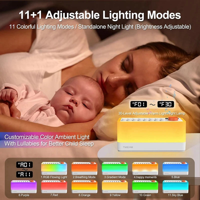 White Noise Sleep Sound Machine With 8 Nature Sounds, Portable Bluetooth Speaker, 12 Colors Night Lights
