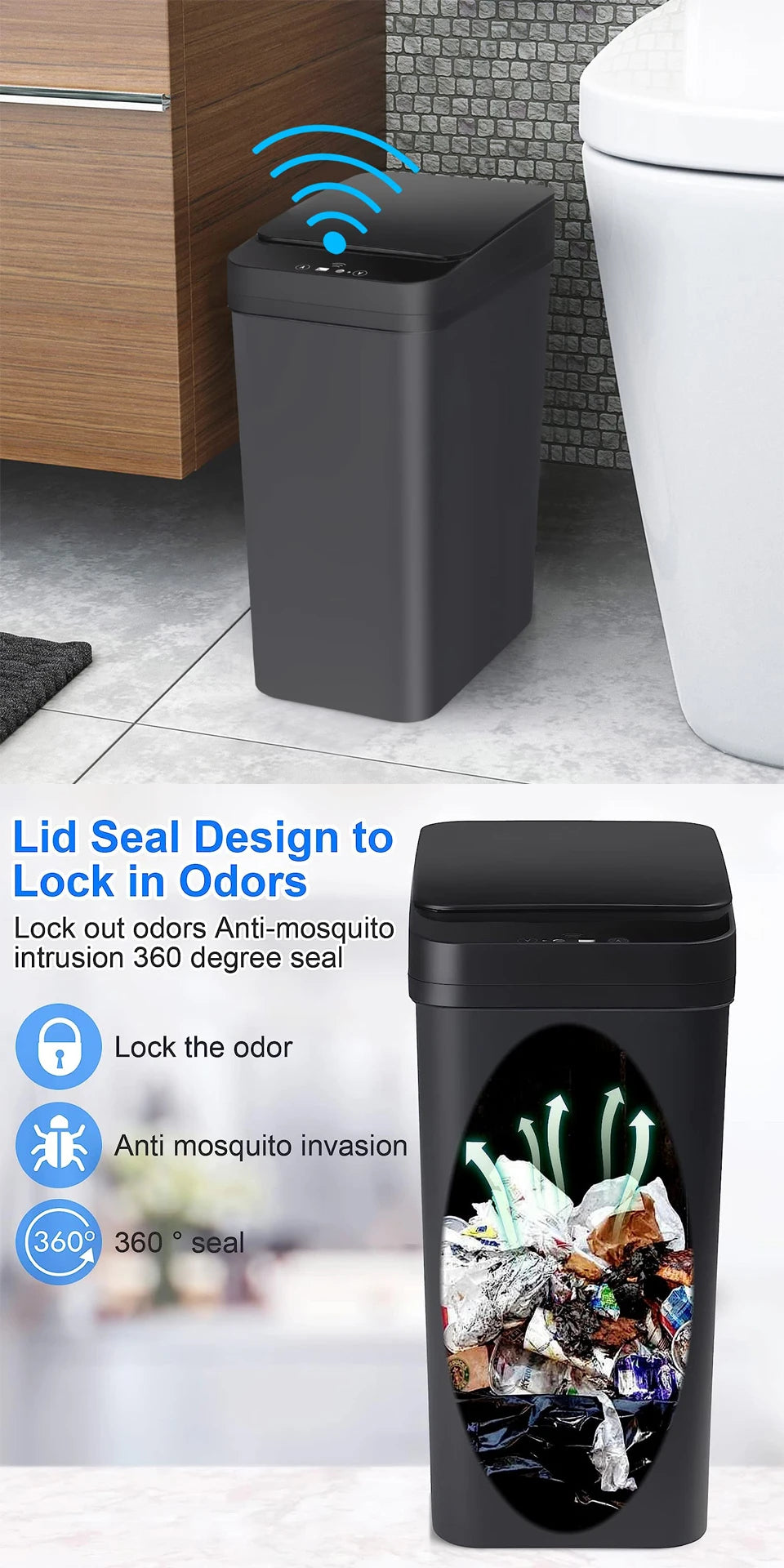 Bathroom Touchless Trash,12L Motion Sensor-Activated Trash Can with Lid, Automatic Kitchen Trash for Office, Living Room, Bedroom