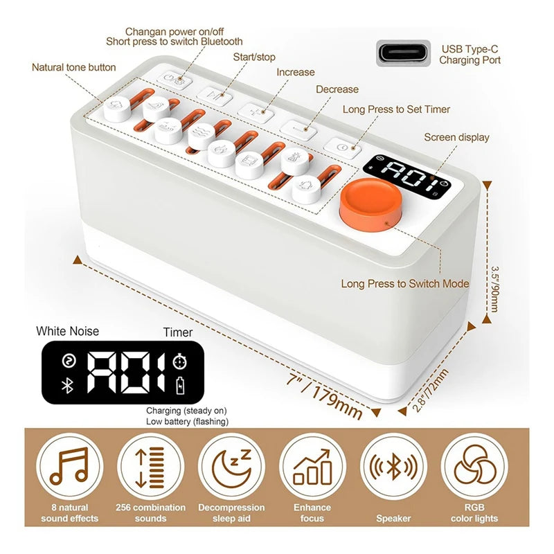 White Noise Sleep Sound Machine With 8 Nature Sounds, Portable Bluetooth Speaker, 12 Colors Night Lights