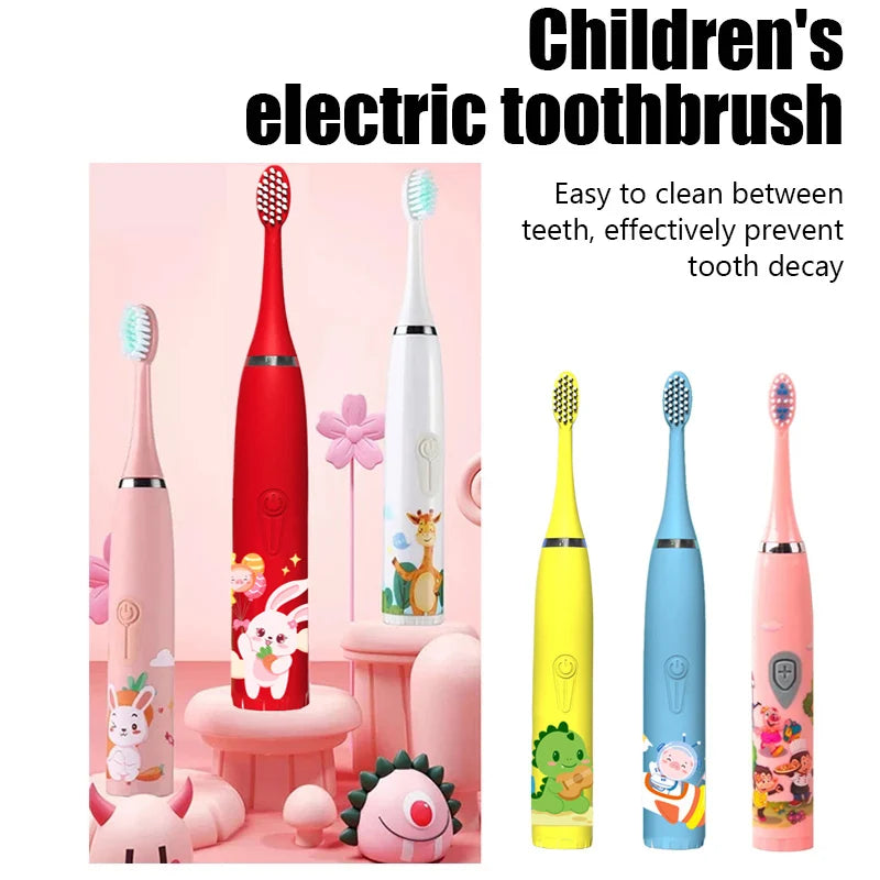 Sonic Electric Toothbrush IPX7 Waterproof With Replacement Heads Automatic Rechargeable Colorful Children Cartoon Brush For Kids