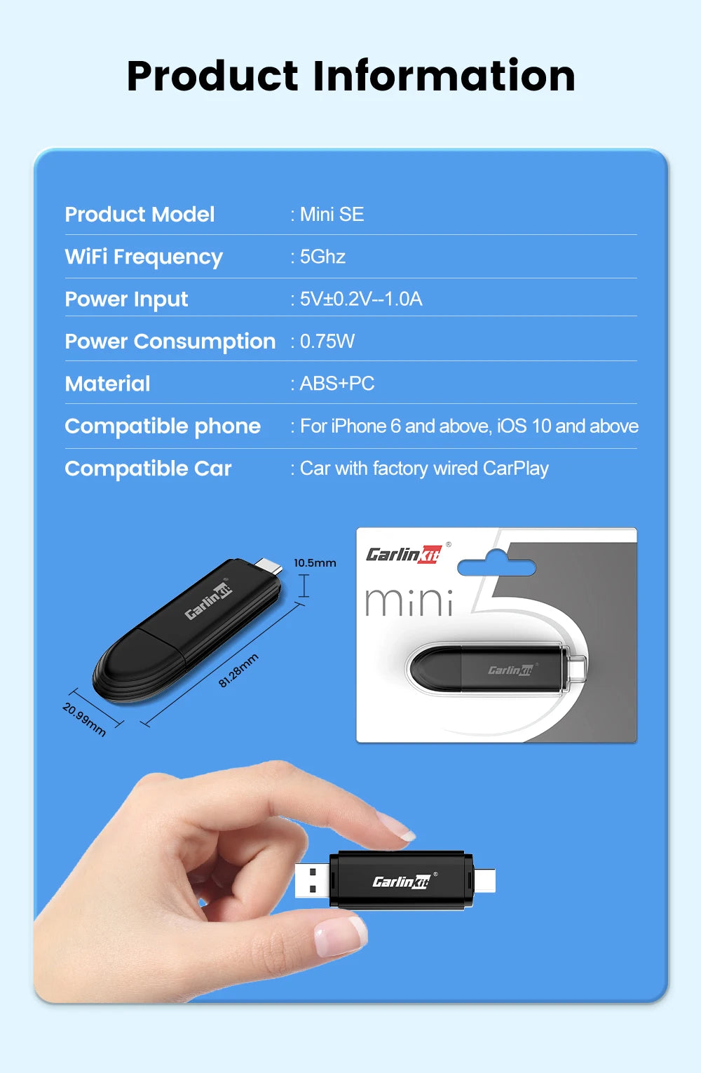 New CarlinKit Mini 5 SE Wireless Carplay Adapter For iPhone 5Ghz WiFi BT Fast Stable Connect For Spotify Waze Split Screen Box