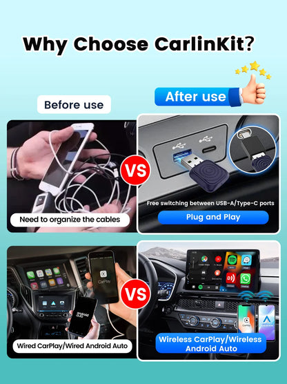 CarlinKit Mini Wireless CarPlay Adapter 2025 New Android Auto Wireless Dongle Wifi 5.8G Auto Connect Box Support Spotify  Music