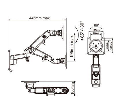 North Bayou NB F150 Gas Spring 17-35 inch LED TV Wall Mount Monitor Holder Ergonomic Mount Arm Max. VESA 100*100mm Load 3-12kgs