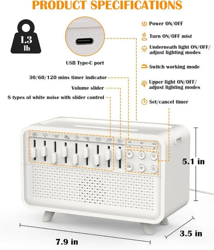 Bluetooth White Noise Machine with Aroma Diffuser,Humidifier & Night Light |8 Natural Sounds,3-Level Dimming for Sleep Therapy