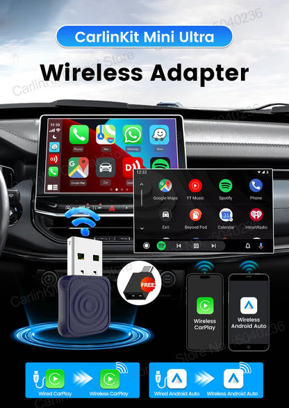 CarlinKit 5.0 Wireless Adapter Mini Ultra Wireless Android Auto & CarPlay USB Dongle For Car Upgrade WiFi Bluetooth Auto Connect