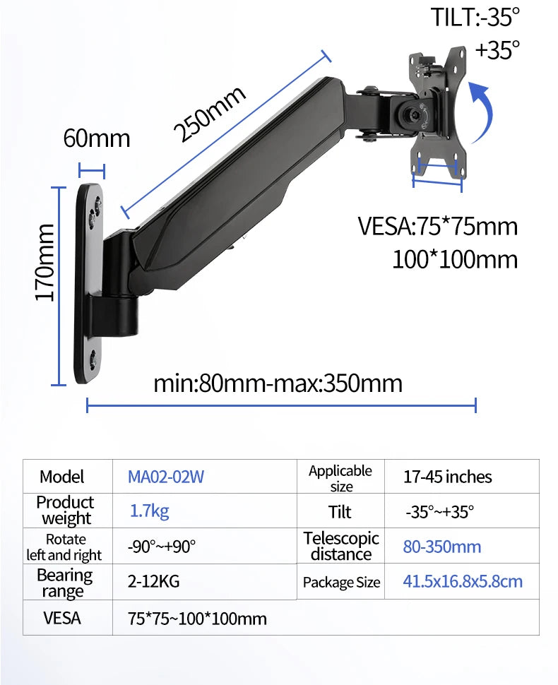 Wall Mount Swivel Tilt Rotation Full Motion Adjustable Articulating for Most 24-45" LED, LCD Monitor Wall Mount VESA 100x100mm
