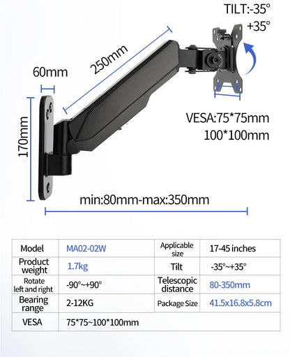Wall Mount Swivel Tilt Rotation Full Motion Adjustable Articulating for Most 24-45" LED, LCD Monitor Wall Mount VESA 100x100mm