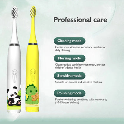 Sonic Electric Toothbrush IPX7 Waterproof With Replacement Heads Automatic Rechargeable Colorful Children Cartoon Brush For Kids