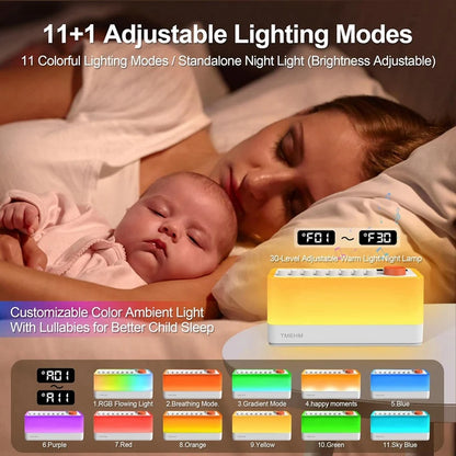 White Noise Sleep Sound Machine With 8 Nature Sounds, Portable Bluetooth Speaker, 12 Colors Night Lights
